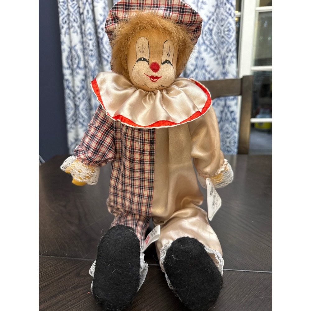 Vintage 1997 Sugar Loaf Plush Clown Doll Plaid Satin 19 inch Circus Core Toy